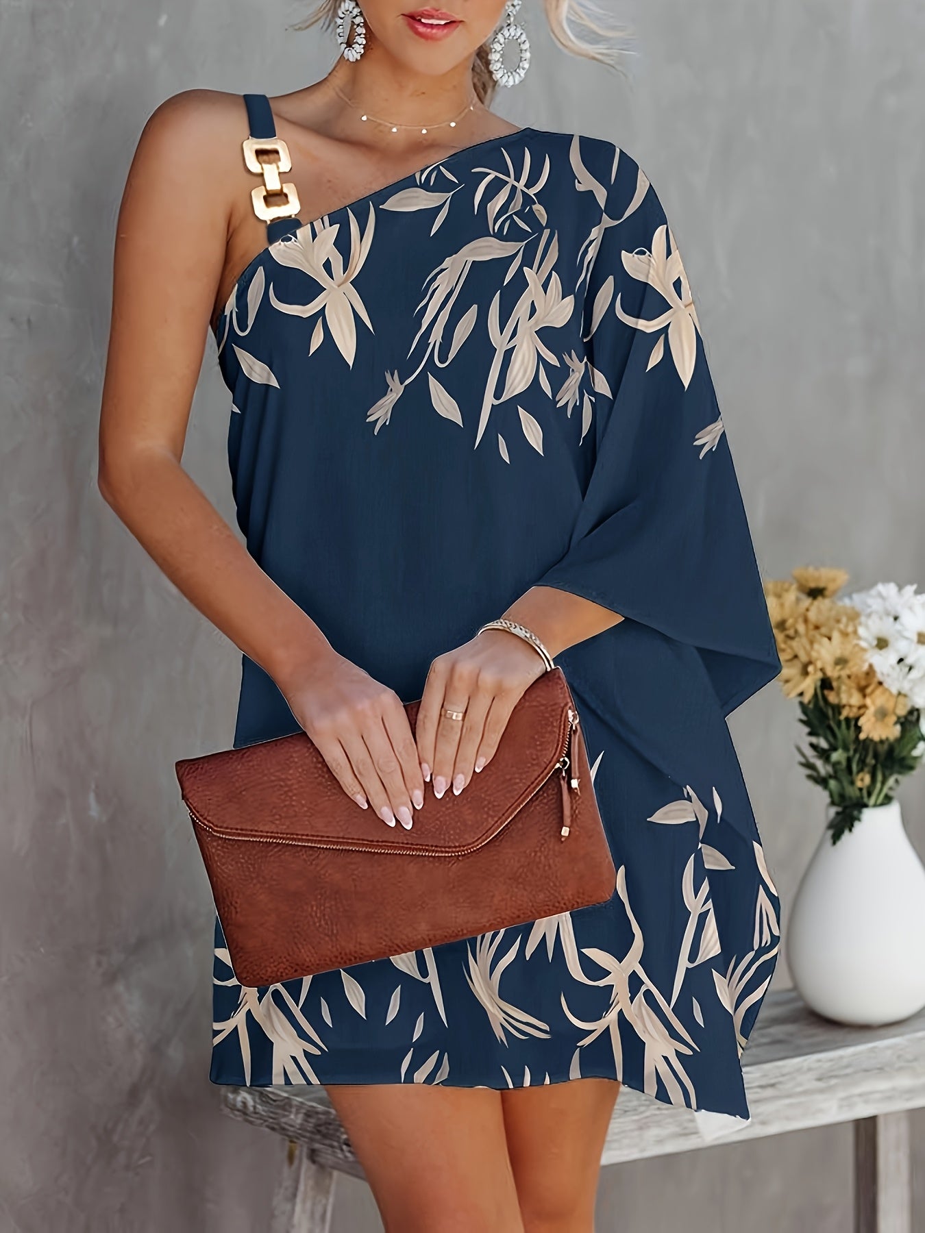 Women's Elegant Multicolor Print Dress - One-Shoulder with Golden Chain Detail, Polyester Blend, Machine Washable, Perfect for Spring/Summer Fashion Events